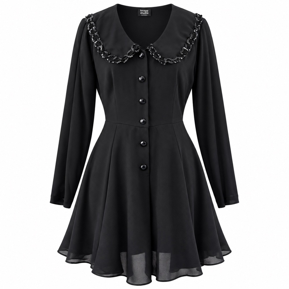Vintage 90s Black Mini Dress Sequin Collar Witchy Dark Academia Wednesday Addams